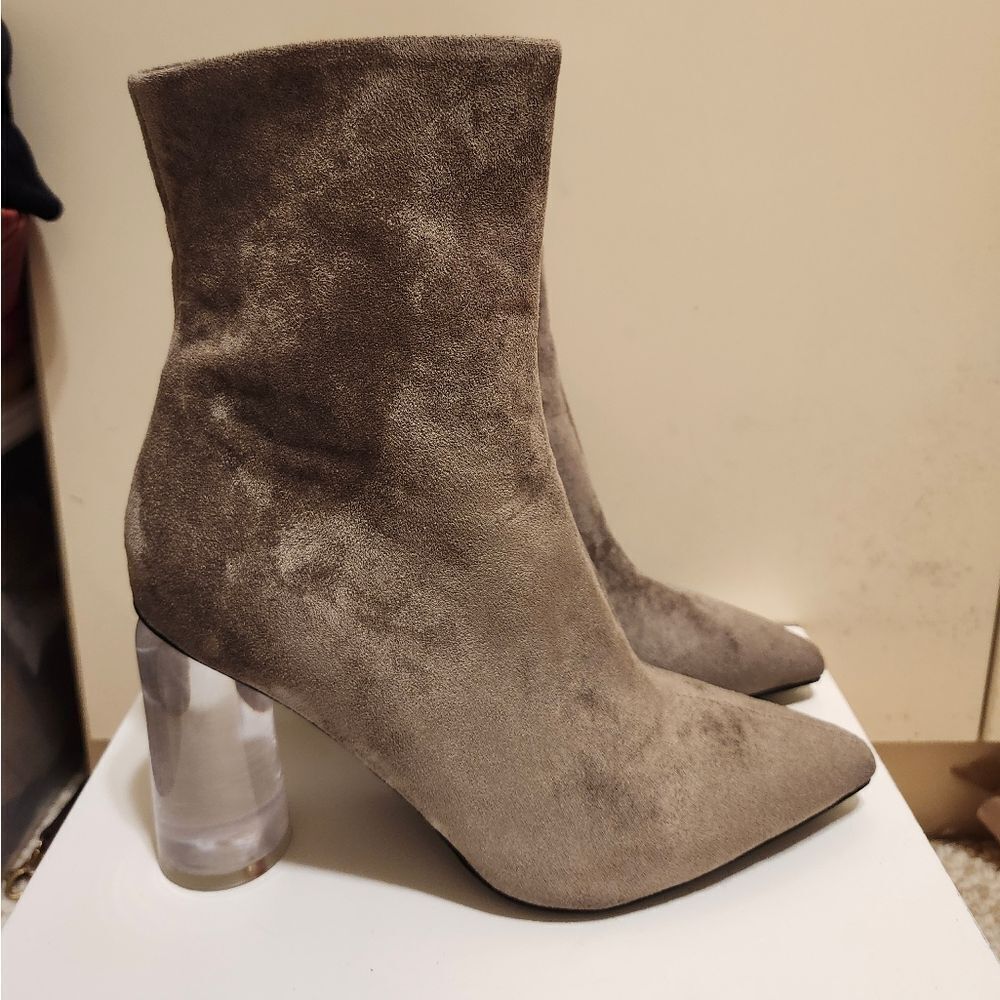 NEW Jeffrey Campbell "Lustful" Taupe Suede Lucite Heel Ankle Boots Sz.8 Ret.$180